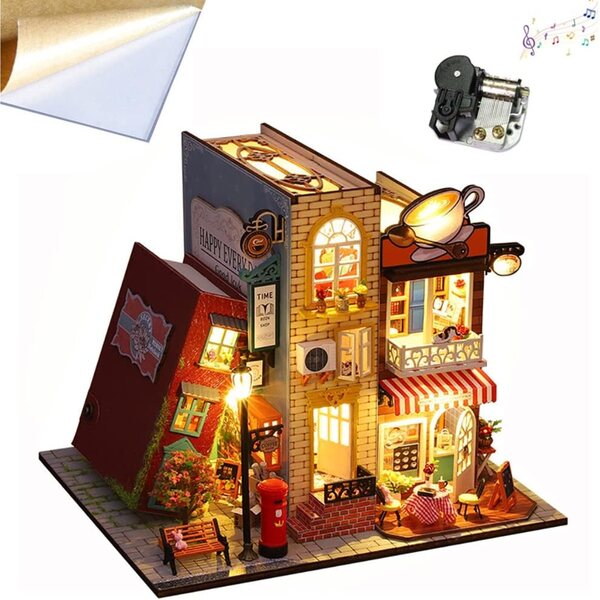 Kit miniature casa di bambola in legno fai da te con luci LED e scatola musicale