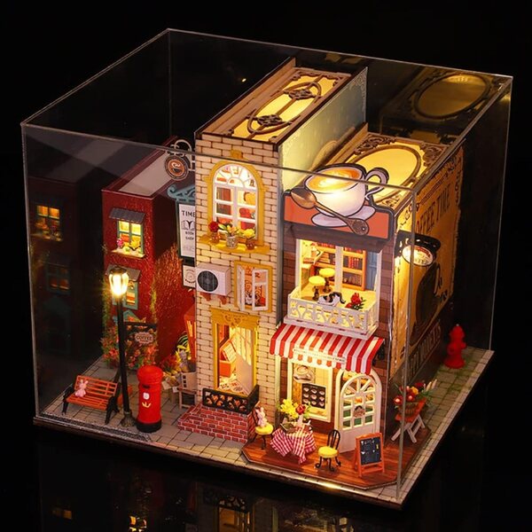 Kit miniature casa di bambola in legno fai da te con luci LED e scatola musicale