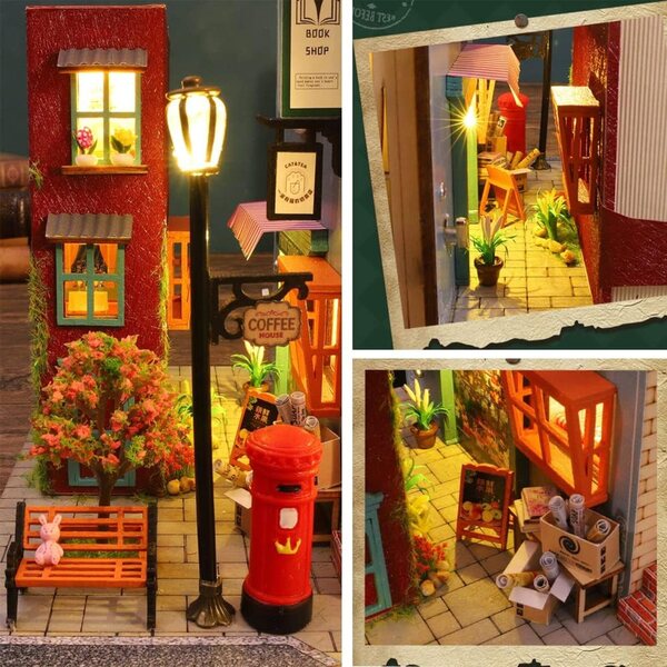 Kit miniature casa di bambola in legno fai da te con luci LED e scatola musicale
