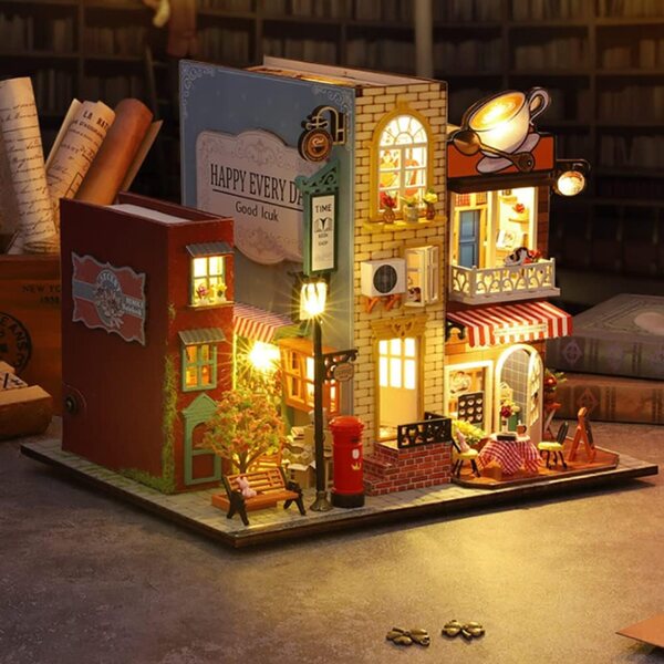 Kit miniature casa di bambola in legno fai da te con luci LED e scatola musicale