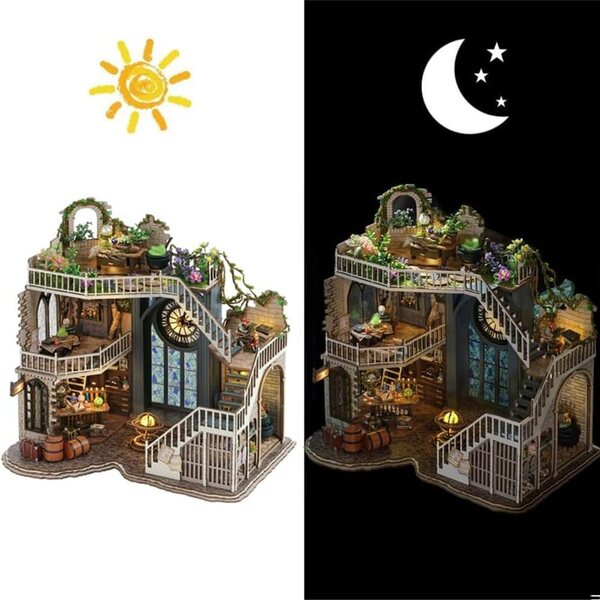 DIY-Puppenhaus-Miniaturbausatz mit LED-Lichtern und Musik – magisches 3D-Holzmodell
