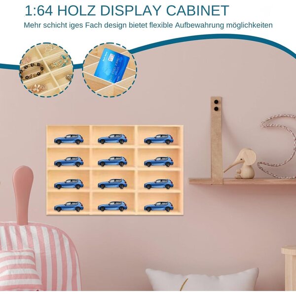 Wandschrank aus Holz für Sammlermodellautos, 12 Fächer
