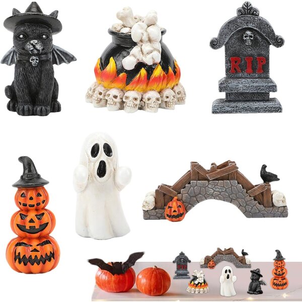 Set mit 6 Miniatur-Casa Embrujada-Halloween-Statuen aus Kunstharz – festliche Dekoration