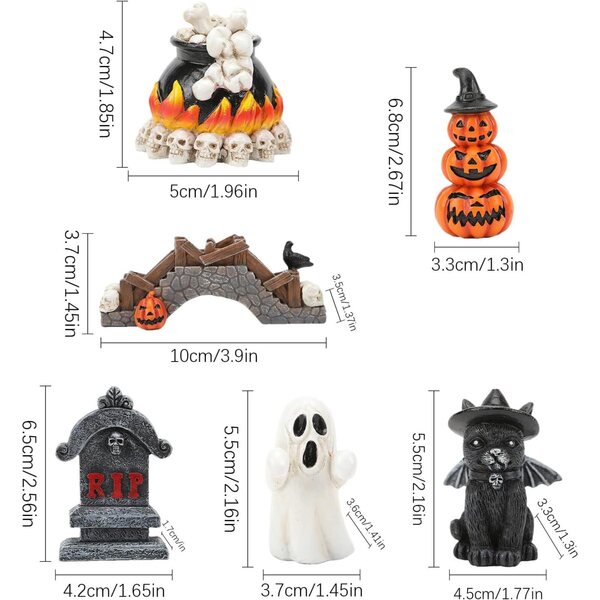 Set mit 6 Miniatur-Casa Embrujada-Halloween-Statuen aus Kunstharz – festliche Dekoration