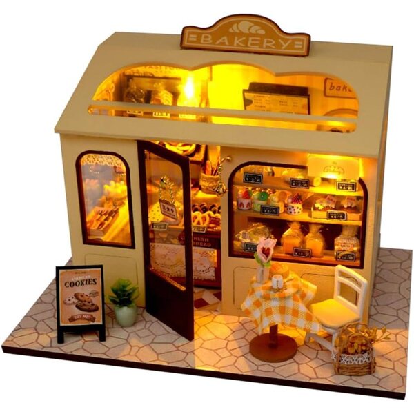DIY handgefertigter 3D-Puppenhaus-Bausatz mit LED-Licht – Boulangerie-Szene 21 x 15 x 15 cm