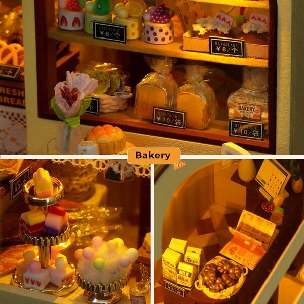 DIY handgefertigter 3D-Puppenhaus-Bausatz mit LED-Licht – Boulangerie-Szene 21 x 15 x 15 cm