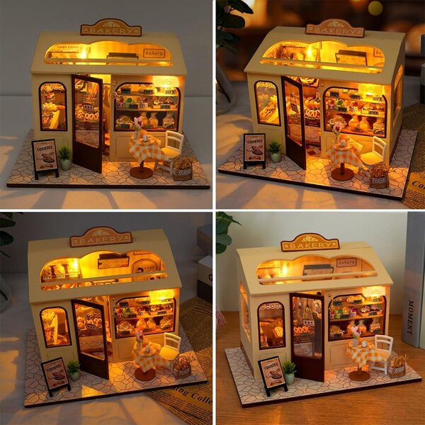 DIY handgefertigter 3D-Puppenhaus-Bausatz mit LED-Licht – Boulangerie-Szene 21 x 15 x 15 cm