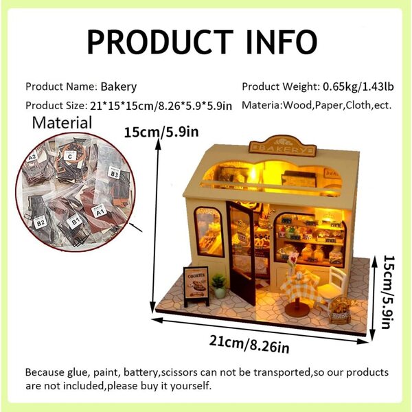 DIY handgefertigter 3D-Puppenhaus-Bausatz mit LED-Licht – Boulangerie-Szene 21 x 15 x 15 cm
