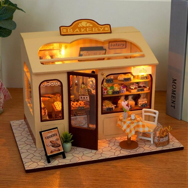 DIY handgefertigter 3D-Puppenhaus-Bausatz mit LED-Licht – Boulangerie-Szene 21 x 15 x 15 cm