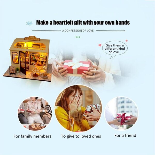 DIY handgefertigter 3D-Puppenhaus-Bausatz mit LED-Licht – Boulangerie-Szene 21 x 15 x 15 cm