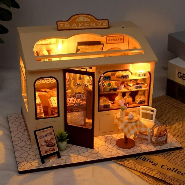 DIY handgefertigter 3D-Puppenhaus-Bausatz mit LED-Licht – Boulangerie-Szene 21 x 15 x 15 cm