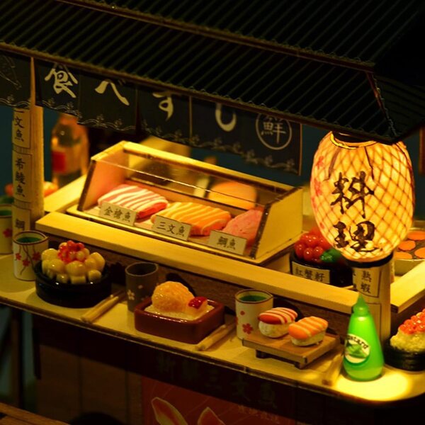 Kit casa bambola sushi giapponese in legno con LED, puzzle 3D per ragazzi 14+