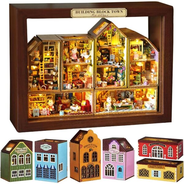 Miniatur-Puppenhaus-Bausatz mit Möbeln und LED-Leuchten – DIY kleines Dorf
