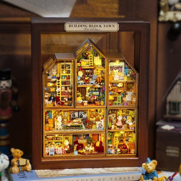 Miniatur-Puppenhaus-Bausatz mit Möbeln und LED-Leuchten – DIY kleines Dorf