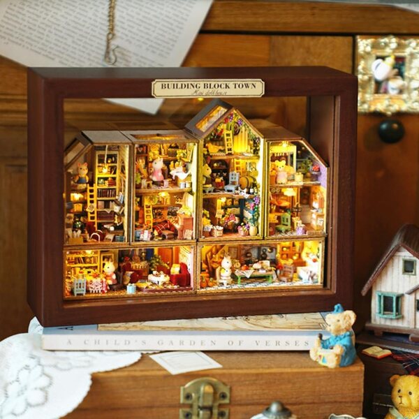 Miniatur-Puppenhaus-Bausatz mit Möbeln und LED-Leuchten – DIY kleines Dorf