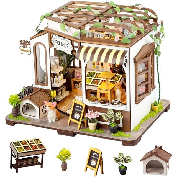 Puppenhaus-Bausatz aus Holz mit LED-Leuchten, Möbeln und Dekorationen für Erwachsene, 20 x 15 x 15 cm