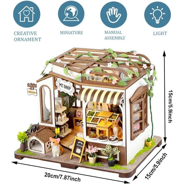 Puppenhaus-Bausatz aus Holz mit LED-Leuchten, Möbeln und Dekorationen für Erwachsene, 20 x 15 x 15 cm