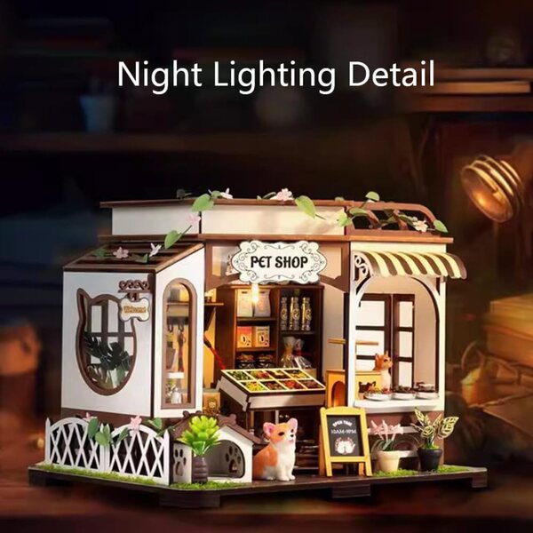Puppenhaus-Bausatz aus Holz mit LED-Leuchten, Möbeln und Dekorationen für Erwachsene, 20 x 15 x 15 cm