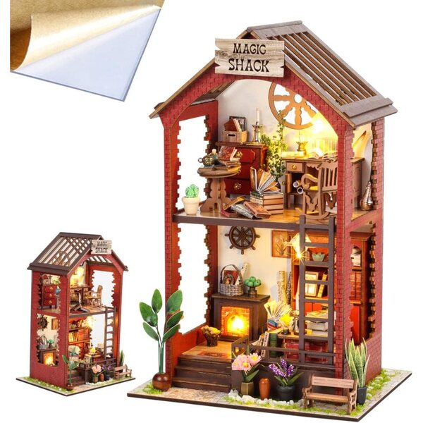 DIY-Modell-Bücherregal aus Holz mit LED-Leuchten und japanischem Dekor