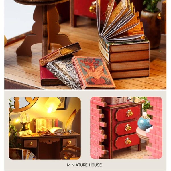 DIY-Modell-Bücherregal aus Holz mit LED-Leuchten und japanischem Dekor