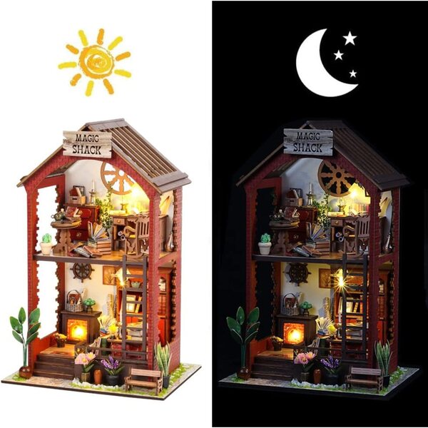 DIY-Modell-Bücherregal aus Holz mit LED-Leuchten und japanischem Dekor