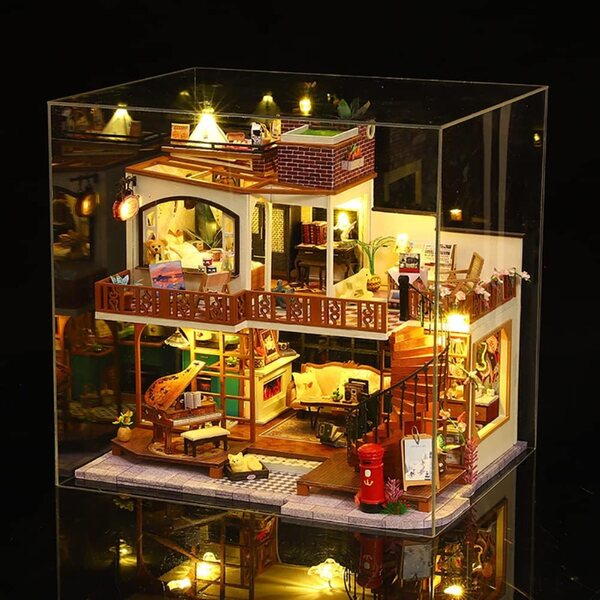 DIY Puppenhaus mit LED, Vintage-Miniaturbausatz im europäischen Stil