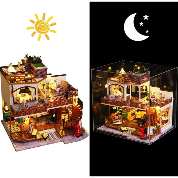 DIY Puppenhaus mit LED, Vintage-Miniaturbausatz im europäischen Stil