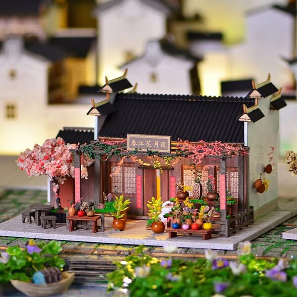 Miniatur-Puppenhaus-Bausatz mit LED-Leuchten zum Zusammenbauen, Holzmöbel als kreatives Geschenk