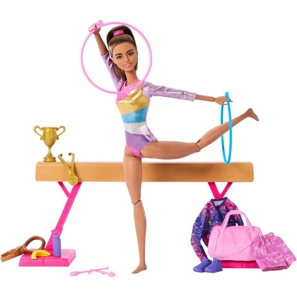 Barbie Ginnastica con Poutre, Accessori e Molletta in C per Movimenti Acrobatici