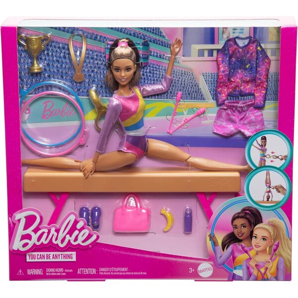 Barbie Ginnastica con Poutre, Accessori e Molletta in C per Movimenti Acrobatici
