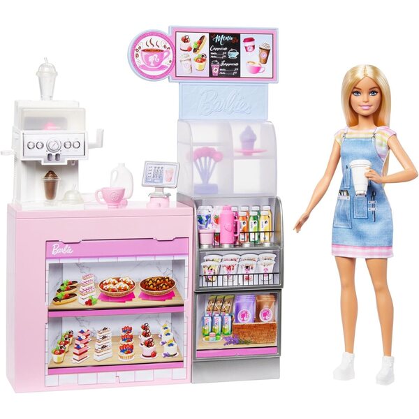 Barbie Coffee Break Box con 12+ Accessori Bambola Barista Bionda, Macchina Caffè e Frullato