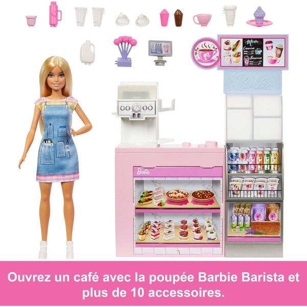 Barbie Coffee Break Box con 12+ Accessori Bambola Barista Bionda, Macchina Caffè e Frullato