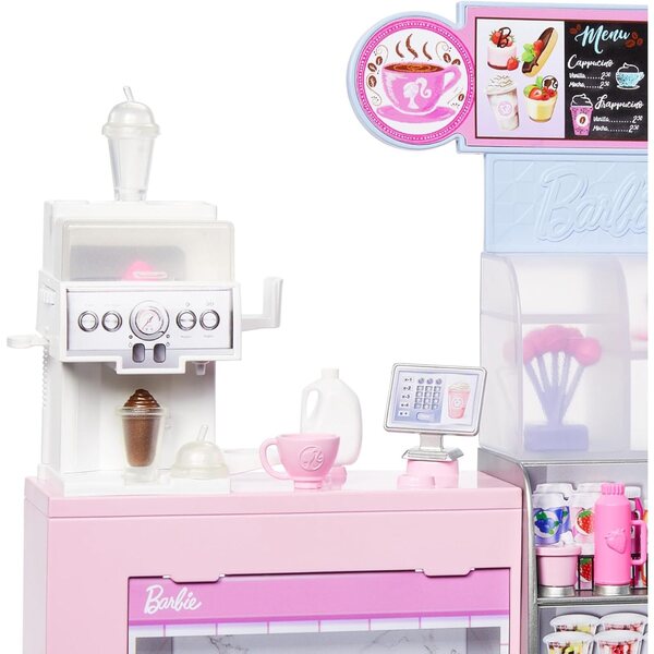 Barbie Coffee Break Box con 12+ Accessori Bambola Barista Bionda, Macchina Caffè e Frullato