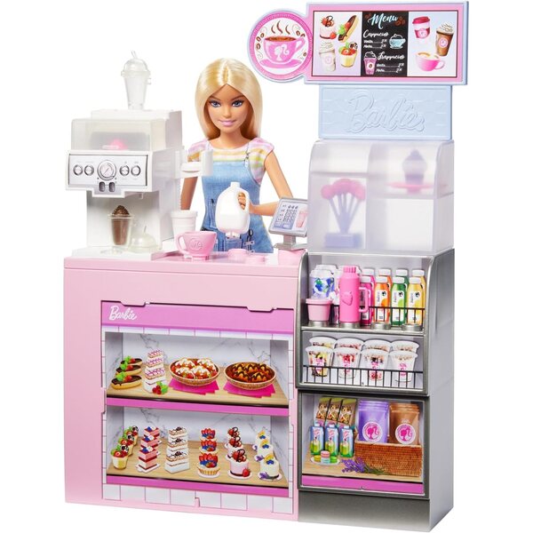 Barbie Coffee Break Box con 12+ Accessori Bambola Barista Bionda, Macchina Caffè e Frullato