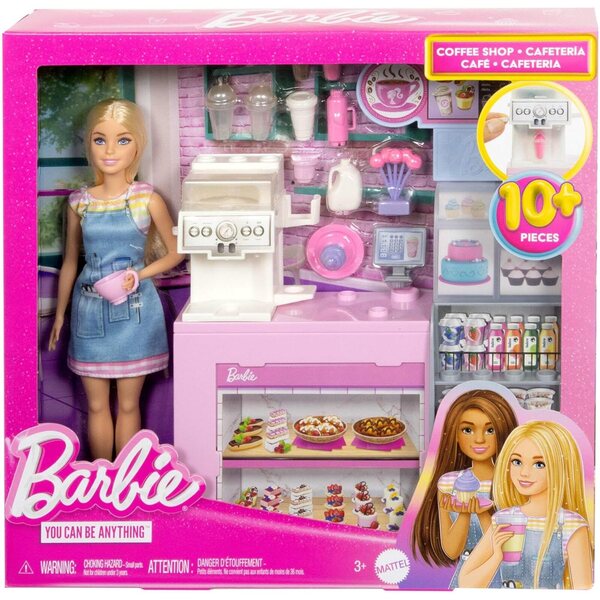 Barbie Coffee Break Box con 12+ Accessori Bambola Barista Bionda, Macchina Caffè e Frullato
