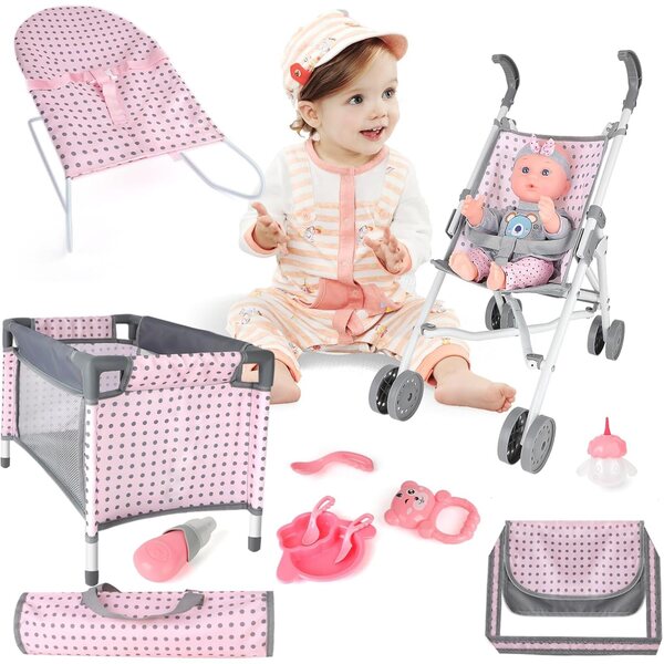 Komplettes Spielset mit Kinderwagen, Kinderbett und Zubehör für Puppen, ideal für Kinder