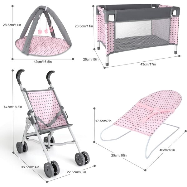 Komplettes Spielset mit Kinderwagen, Kinderbett und Zubehör für Puppen, ideal für Kinder