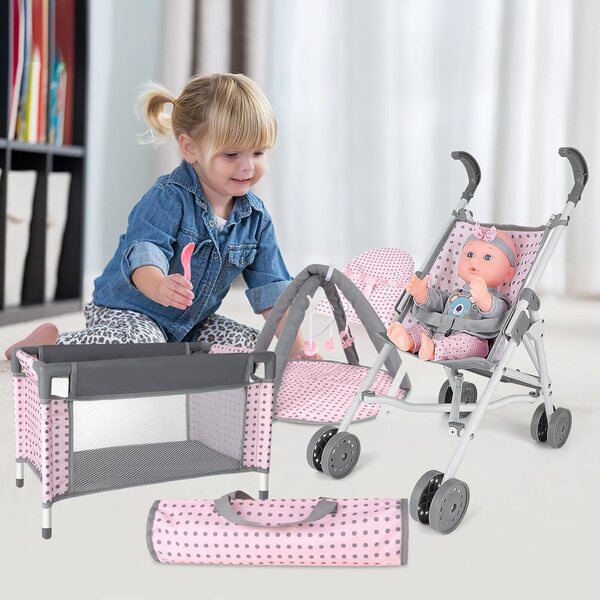 Komplettes Spielset mit Kinderwagen, Kinderbett und Zubehör für Puppen, ideal für Kinder