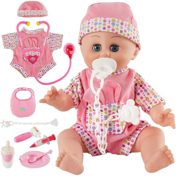HERSITY Bambolotto Bebè Qui Parle 33cm con Kit Medico e Accessori per Gioco di Ruolo Bambini