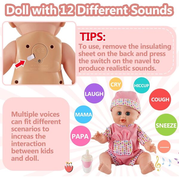 HERSITY Bambolotto Bebè Qui Parle 33cm con Kit Medico e Accessori per Gioco di Ruolo Bambini
