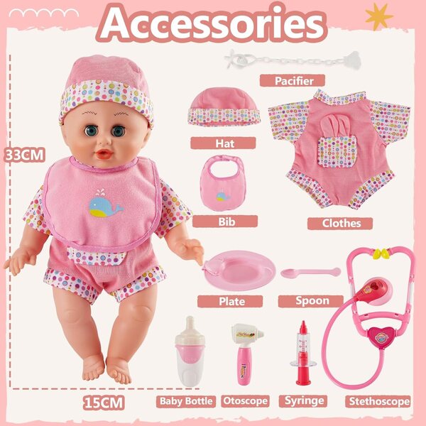 HERSITY Bambolotto Bebè Qui Parle 33cm con Kit Medico e Accessori per Gioco di Ruolo Bambini