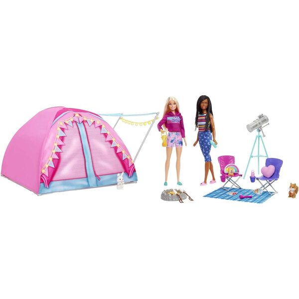 Barbie Famiglia Camping con 2 bambole Malibu e Brooklyn, tenda e accessori