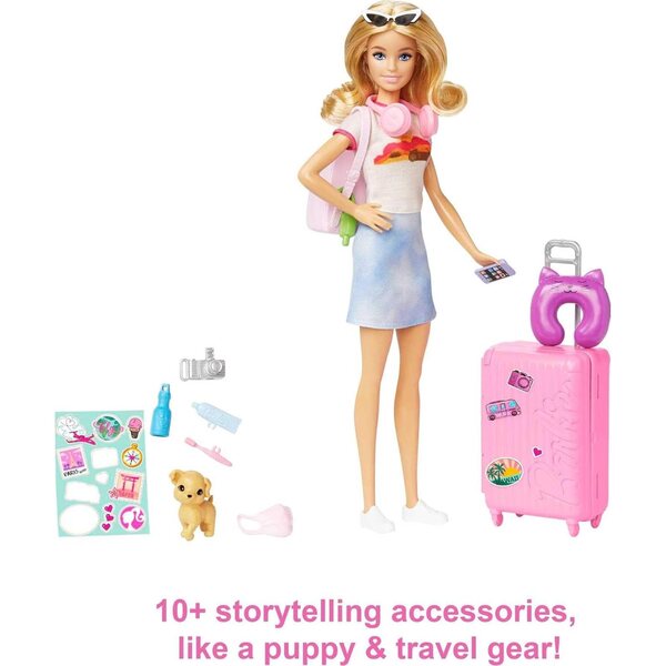 Barbie Voyage Malibu Box-Set mit Chiot und mehr als 10 Zubehörteilen, Set für Kinder ab 3 Jahren