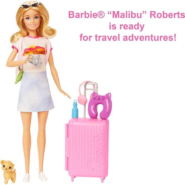 Barbie Voyage Malibu Box-Set mit Chiot und mehr als 10 Zubehörteilen, Set für Kinder ab 3 Jahren