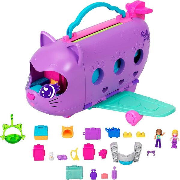 Polly Pocket Avion Chaton verwandelbar mit 2 Minifiguren und 19 Spielzubehörteilen