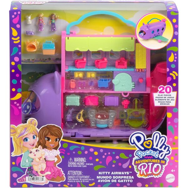 Polly Pocket Avion Chaton verwandelbar mit 2 Minifiguren und 19 Spielzubehörteilen
