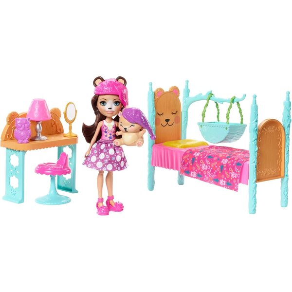 Enchantimals Bren Ours mit Bett und Zubehör, 15 cm großer Puppe und Schnarchbär