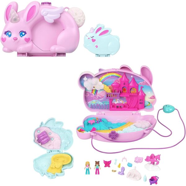 Polly Pocket 2 in 1 Lapin Licorne mit 2 Minifiguren und 12 thematischen Accessoires