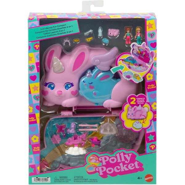 Polly Pocket 2 in 1 Lapin Licorne mit 2 Minifiguren und 12 thematischen Accessoires