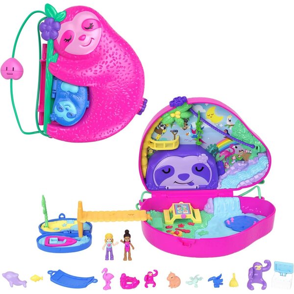 Polly Pocket 2-in-1-Boxset Die Faultierfamilie mit 12 Zubehörteilen und 2 Minifiguren